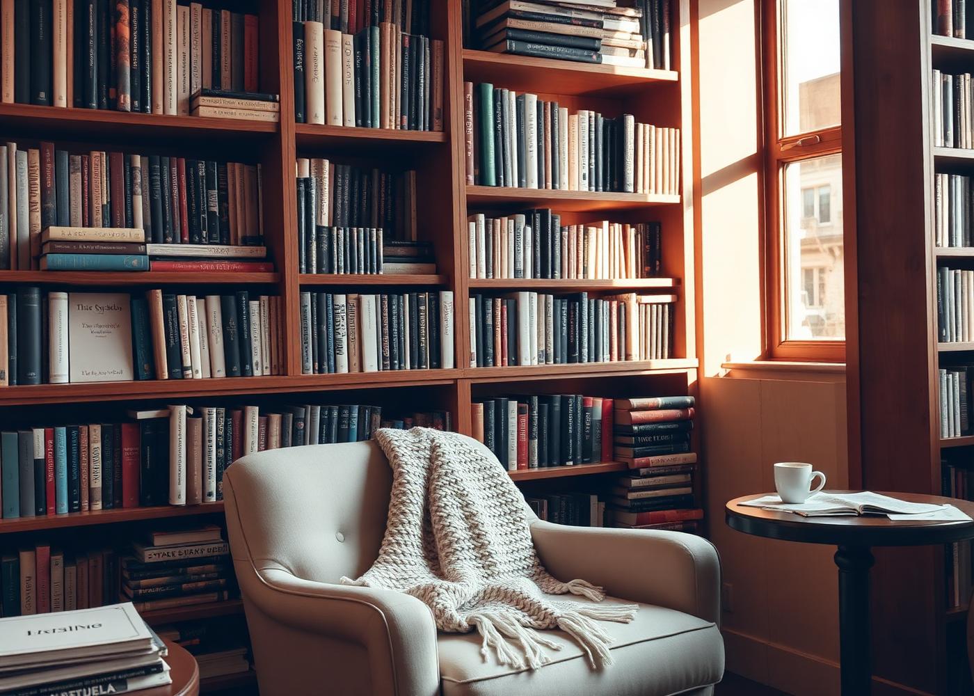 Warm wooden bookshelf with reading chair and latte